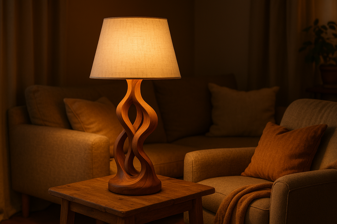 create an image of an unique lamp in a cozy home
