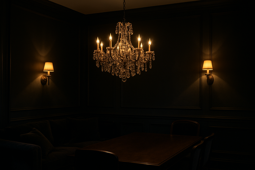 Make a picture of a dark home with a nice chandelier and wall lamps